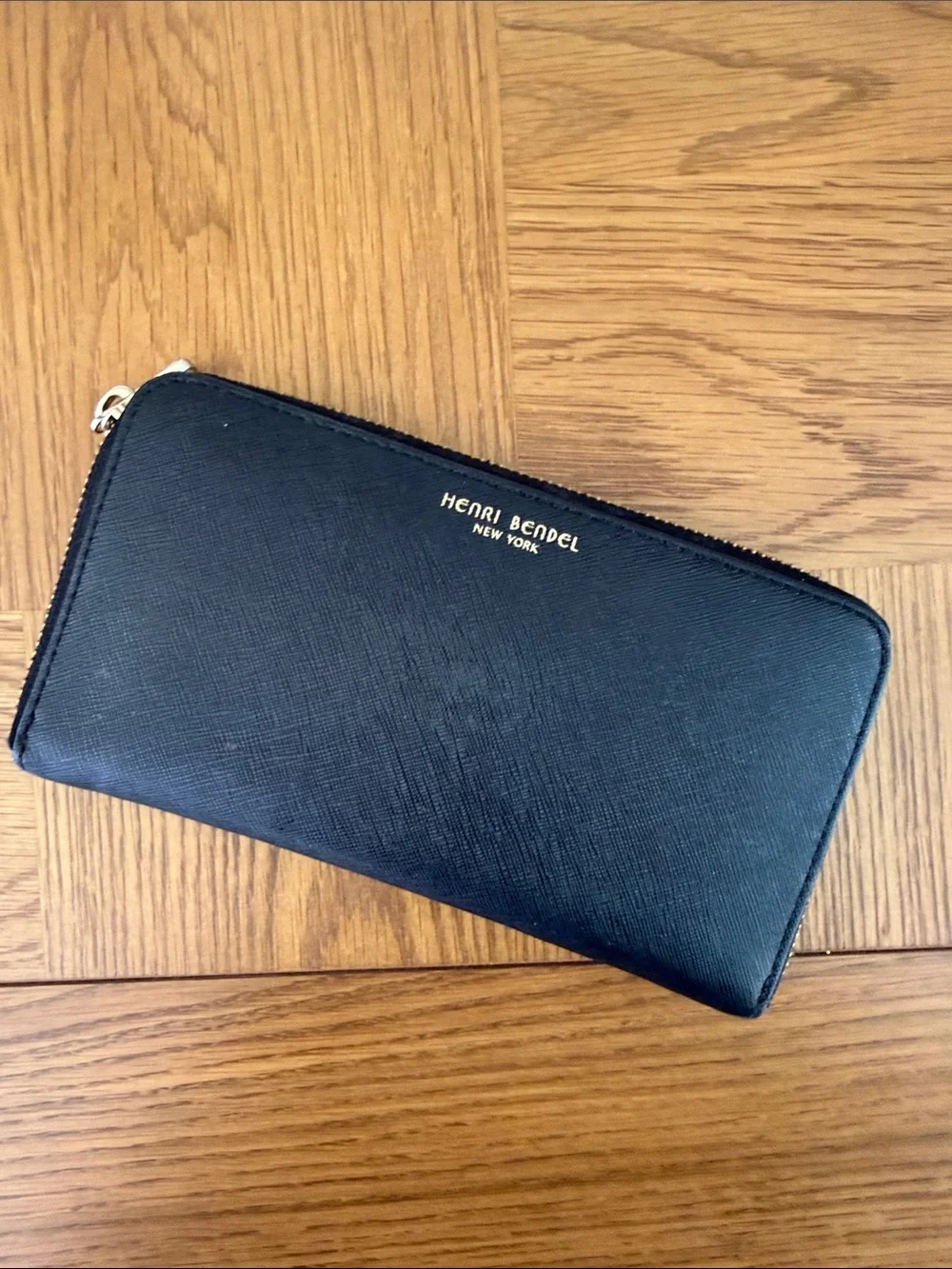 henri bendel Black Zip Wallet with Gold Logo